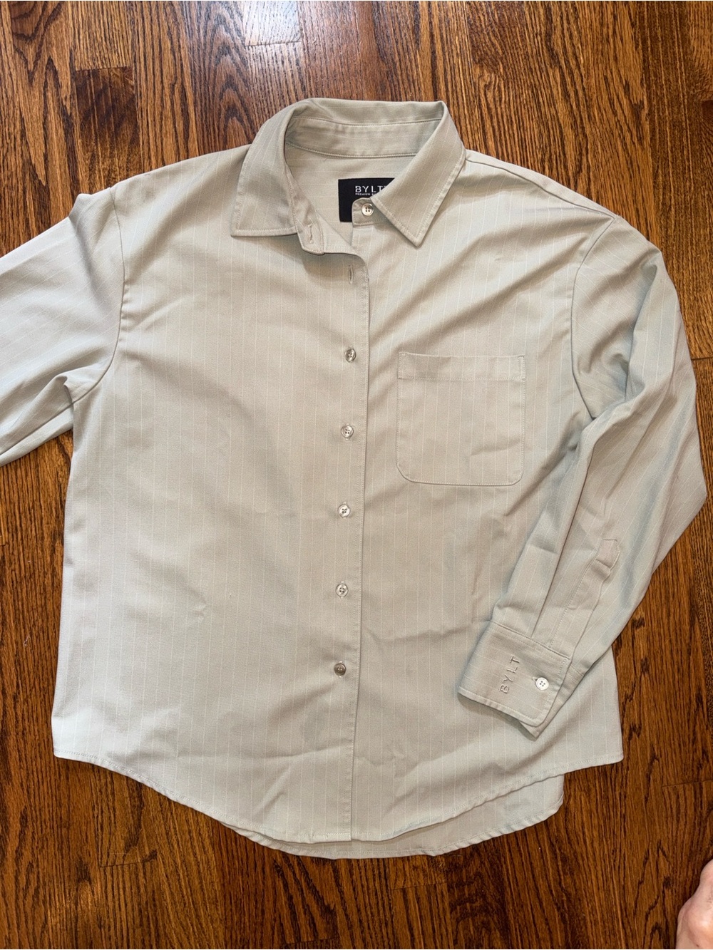 BYLT Basics Everyday Button Up Shirt Long Sleeve Woven Beige Stripe Mens Medium